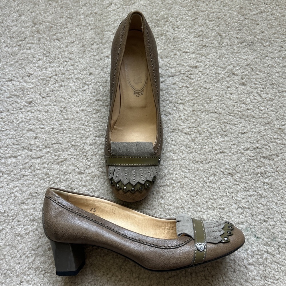 Tod's Leather Suede Kiltie Studded Court Heels  Grey Taupe 5 Made in Italy Fall